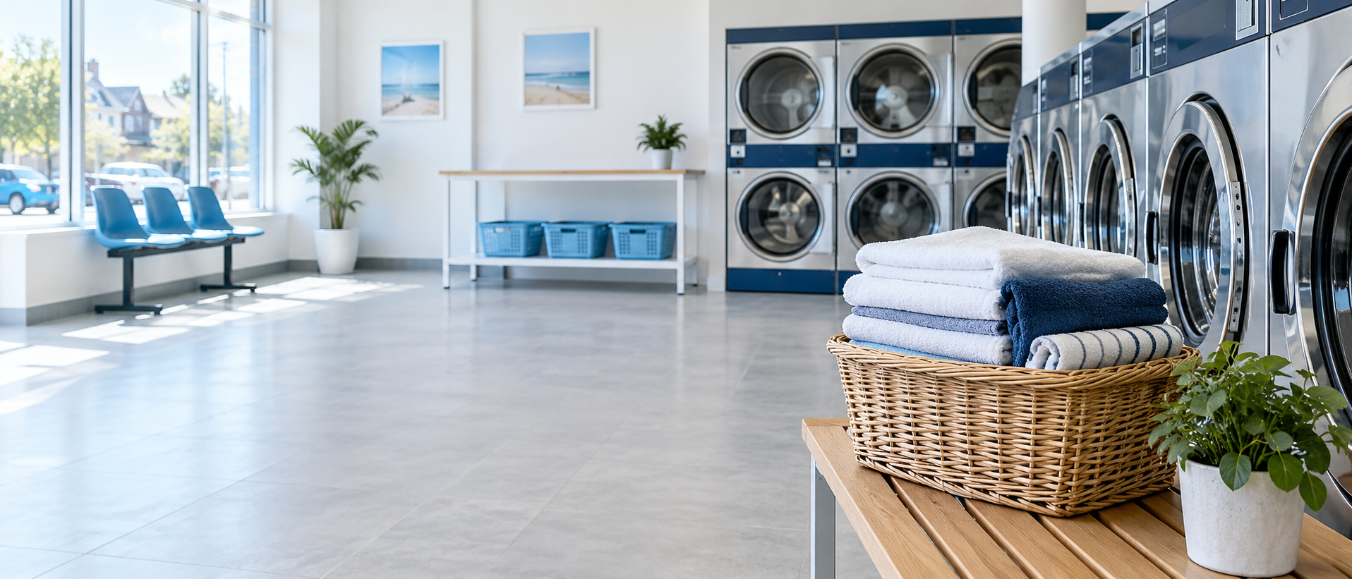 A bright, clean modern laundrette with washing machines and neatly folded towels